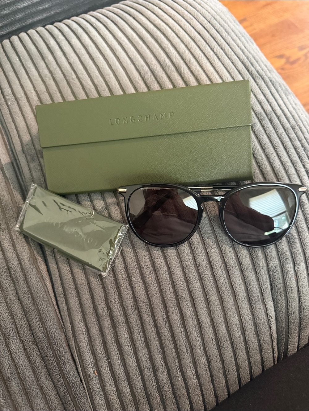 Longchamp Black Sunglasses with Olive Green Case and Pouch